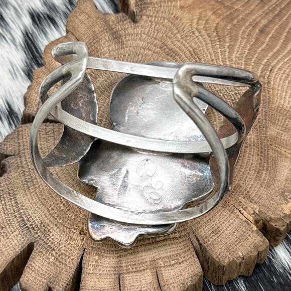 1970s Native American NAVAJO Sterling Bronze Turquoise Coral Fancy Cuff Bracelet - Picture 3 of 4